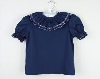 Girls Short Sleeve Cotton Blouse with Embroidered Ruffle Collar, Summer Top