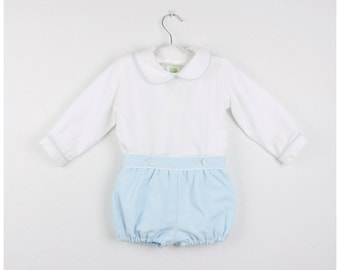 100% cotton Light Blue pique Bloomers and white cotton long sleeve shirt with matching trim - Various Pique/trim colors available