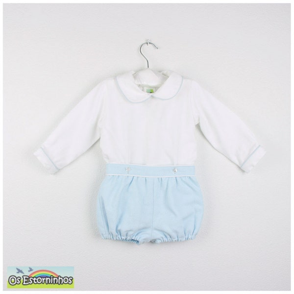 100% coton Light Blue pique Bloomers et chemise à manches longues en coton blanc avec garniture assortie - Diverses couleurs de piqué/garniture disponibles