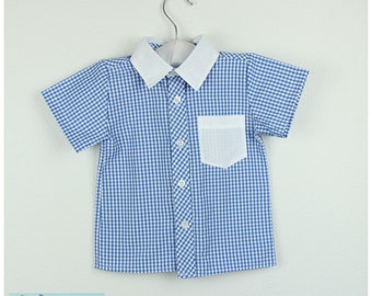 Boys Short-Sleeve checkered Shirt - White collar and front pocket