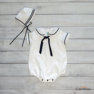 Linen Blend Baby Sailor Romper with Bonnet: Nautical Outfit