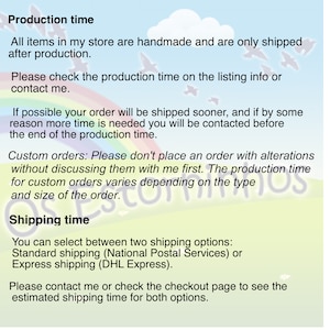 May include: A graphic with text about production and shipping times. The text states that all items are handmade and shipped after production. It advises checking the listing for production time and offers standard and express shipping options.