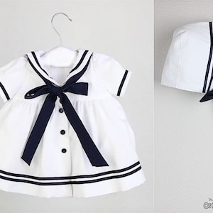 Baby Girl Sailor Dress and Bonnet: White & Navy Blue Cotton Blend