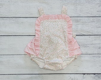 Baby Romper - Pink Floral Romper with pink gingham ruffles