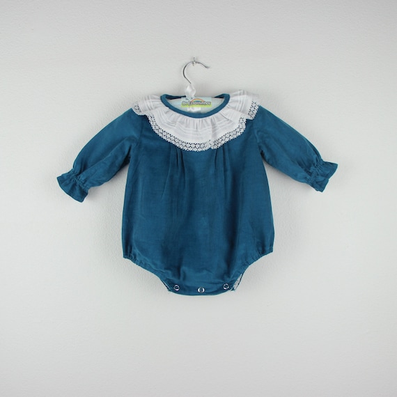 Teal Baby Bubble Romper - Corduroy with Ruffle Collar