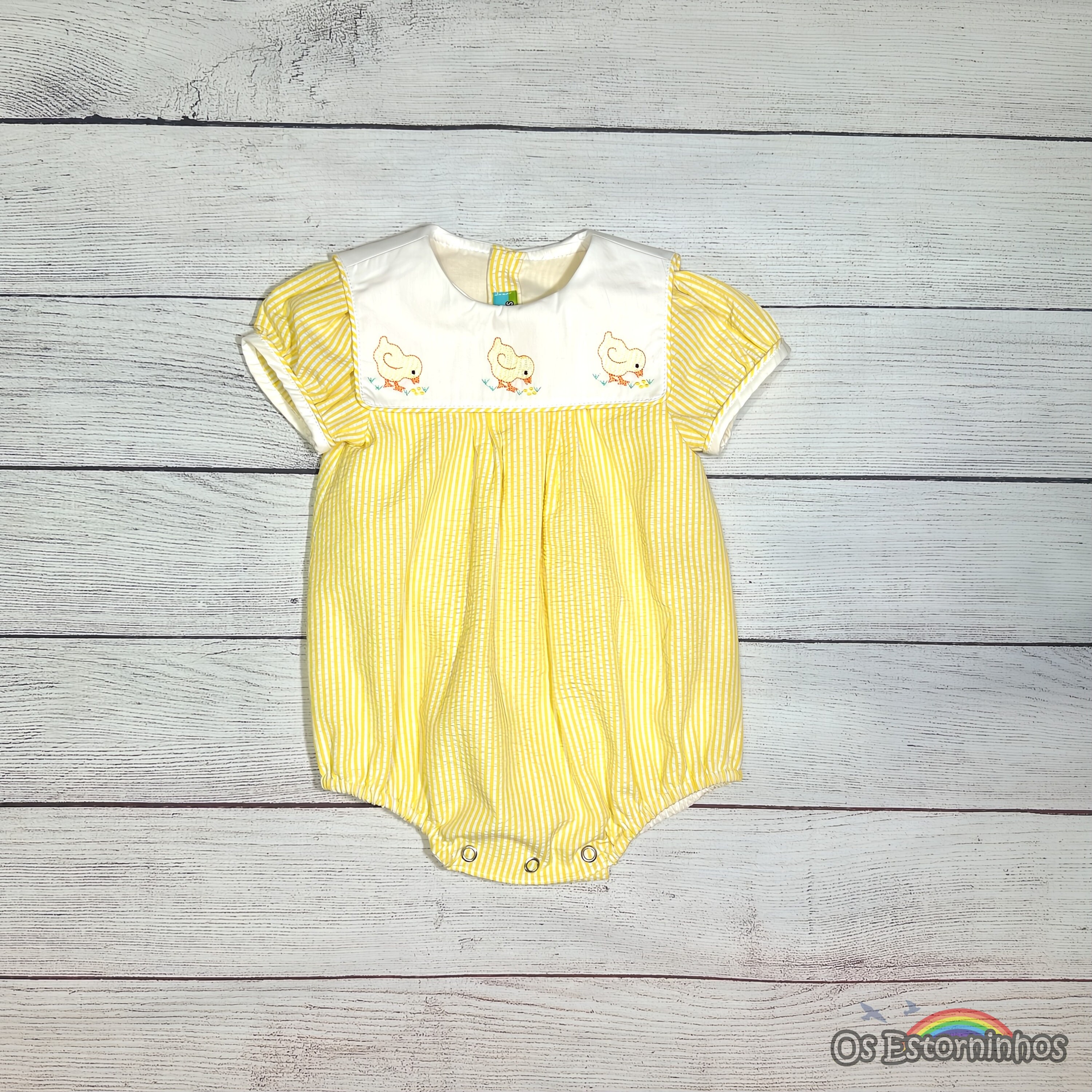 Baby Yellow Seersucker Short Sleeve Romper With Embroidered White