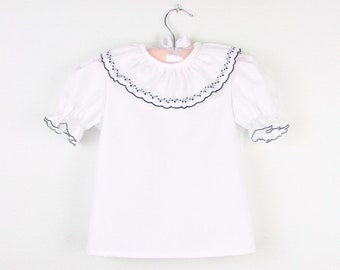 White Short Sleeve Blouse with embroidered ruffle collar