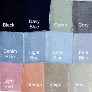 May include: A collection of fabric swatches in various colors, including white, black, navy blue, green, grey, light grey, blue, denim blue, light blue, baby blue, pale blue, pink, red, light red, orange, beige, ivory, and yellow. Each swatch has a color name.