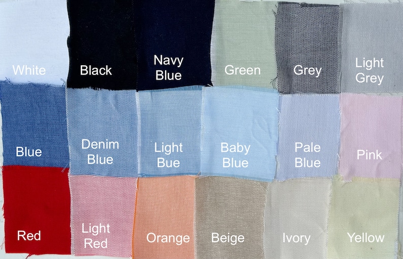 May include: A collection of fabric swatches in various colors, including white, black, navy blue, green, grey, light grey, blue, denim blue, light blue, baby blue, pale blue, pink, red, light red, orange, beige, ivory, and yellow. Each swatch has a color name.