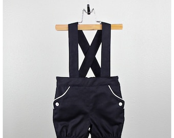 Boy Shorts  -  Navy Blue cotton twill blend shorts with suspenders - More colors available