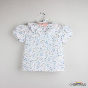 Girls White Short sleeve Floral blouse with ruffle collar and puffy short Sleeves - Blue, Green, and Yellow flowers