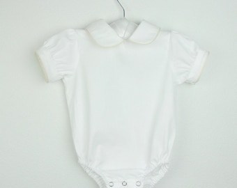 Shirt bodysuit - Short sleeve cotton White shirt bodysuit - Peter pan collar - Other trim color available