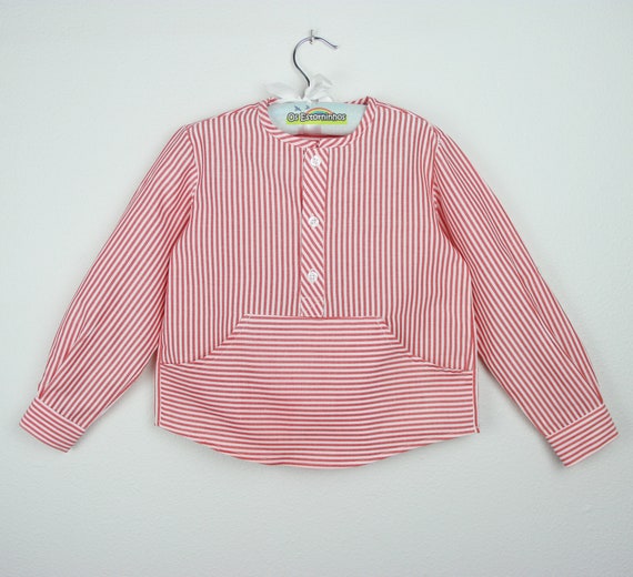 Striped Long Sleeve Shirt - Red Roll-Up Sleeves, Button Front