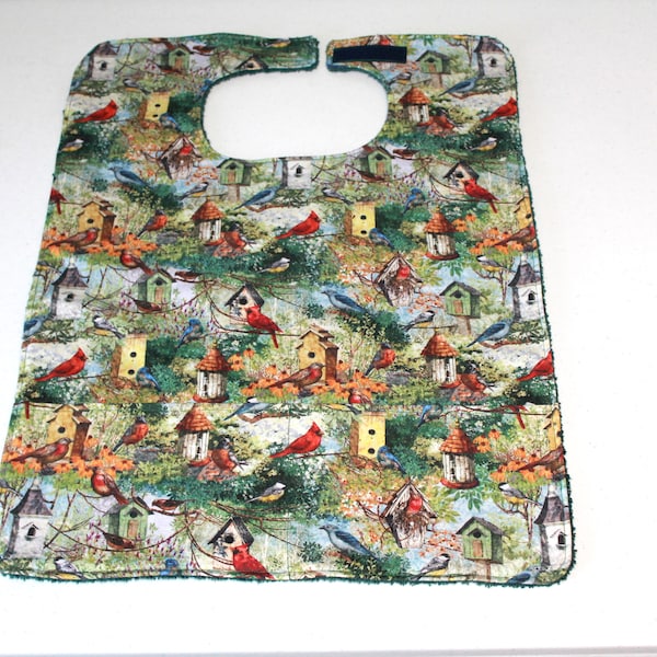 Birds themed Senior Care Reversible Bibs, Green Adult Clothing Protectors, Adult Bibs