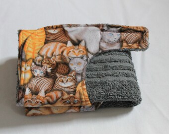 Adult Bib/Clothing Protector  -  Reversible - Cotton and Terry Cloth - Bib for Cat Lovers  - Gray/Grey -Unisex