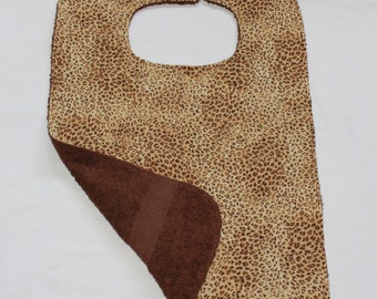 Adult Bib/Clothing Protector - Reversible -Brown Leopard Print -  Unisex Adult Bib - Dignity Bib - Crafting Bib -  Terry Cloth/Cotton