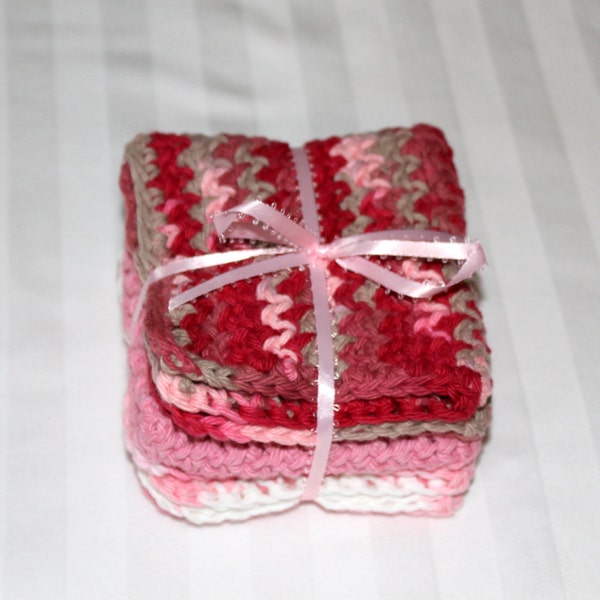 Crocheted Dish Cloths - Square Dish Coths - Cotton Wash Cloths - Shades of Pink - Set of 3