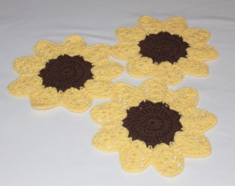 Multi-Use Crocheted Dishcloth Set - Cotton Dishcloth Set - Sunflower - Set of 3