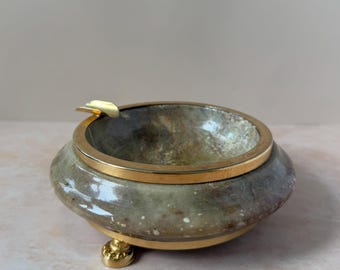 Vintage MCM Onyx Ashtray, Brass Trim Footed Mid Century Modern Catchall