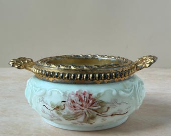 Antique Wave Crest Art Glass Floral Bowl, Gilt Metal Mount, Circa 1900