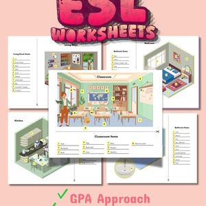 Op de afbeelding: Een verzameling ESL-werkbladen met geïllustreerde scènes van een woonkamer, slaapkamer, keuken, badkamer en klaslokaal. Elke pagina bevat genummerde items met bijbehorende woordenlijsten om studenten te helpen de objecten te identificeren.