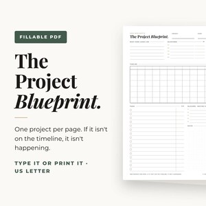 May include: A fillable PDF project planner template titled The Project Blueprint. The document features sections for project details, milestones, a timeline grid, task lists with checkboxes, blockers, and notes, formatted for US Letter size paper.
