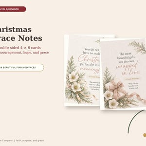 May include: Two rectangular 4 x 6 inch cards featuring Christmas-themed illustrations of pine branches, white flowers, and a gift box with a ribbon. The text reads: The most beautiful gifts are the ones wrapped in love and A Gentle Reminder.