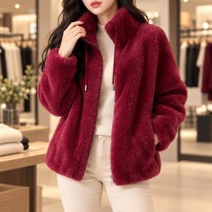 May include: A deep burgundy, long-sleeved, fuzzy fleece jacket with a high collar, a full-length silver zipper, and matching drawstring cords. The jacket features a textured, plush exterior, side pockets, and is worn over a white ribbed top.