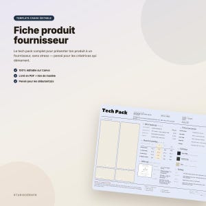 May include: A digital template for a supplier product sheet titled Fiche produit fournisseur, featuring a detailed Tech Pack layout with sections for bill of materials, measurements, grading, trims, accessories, colorways, and packing instructions.