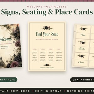 Gothic Halloween Dinner Party Invitation, Dark Floral Menu, Place Cards, Seating Chart, Welcome Sign, Editable Canva Template Kit image 4