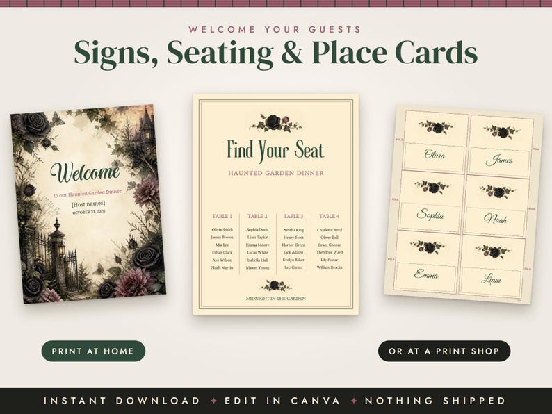 Gothic Halloween Dinner Party Invitation, Dark Floral Menu, Place Cards, Seating Chart, Welcome Sign, Editable Canva Template Kit image 4