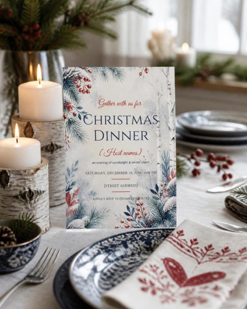 Modello di invito per la cena di Natale, invito invernale scandinavo, invito di Natale modificabile su Canva, invito digitale stampabile, download immediato immagine 2