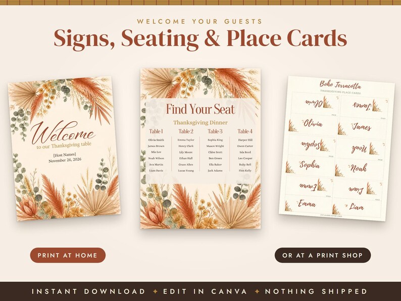 Boho Thanksgiving Invitation Template, Friendsgiving Menu, Place Cards, Seating Chart, Welcome Sign, Terracotta Editable Canva Printable image 4