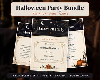 Halloween Party Printable Bundle, Editable Canva Templates, Invitation, Menu, Games, Costume Contest, 15 Pieces
