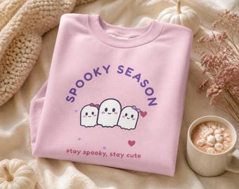 Pastel Ghost Halloween Sweatshirt, Spooky Season Crewneck, Cotton-Poly Blend Pullover