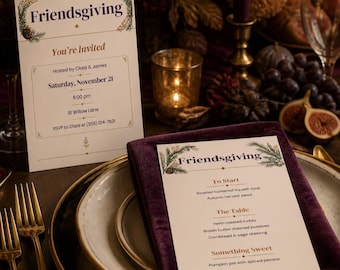 May include: A Friendsgiving invitation and menu card set featuring white paper with dark purple text, gold accents, and botanical illustrations of pine branches and pinecones. The invitation includes event details, while the menu lists courses.