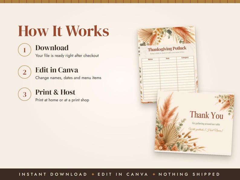 Boho Thanksgiving Invitation Template, Friendsgiving Menu, Place Cards, Seating Chart, Welcome Sign, Terracotta Editable Canva Printable image 5
