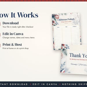 May include: A digital Christmas potluck sign-up sheet and thank you card template featuring a winter botanical border with pine needles and red berries. The text reads How It Works, Christmas Potluck, and Thank You for sharing a cozy Christmas with us.