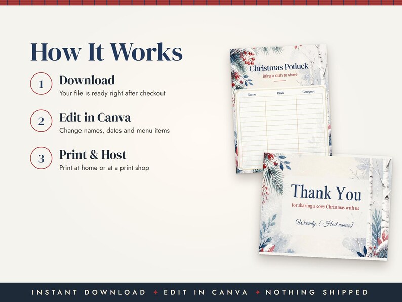 May include: A digital Christmas potluck sign-up sheet and thank you card template featuring a winter botanical border with pine needles and red berries. The text reads How It Works, Christmas Potluck, and Thank You for sharing a cozy Christmas with us.