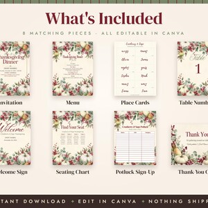 Thanksgiving Dinner Invitation Template, Thanksgiving Menu, Place Cards, Seating Chart, Welcome Sign, Cranberry Sage Editable Canva Kit image 3