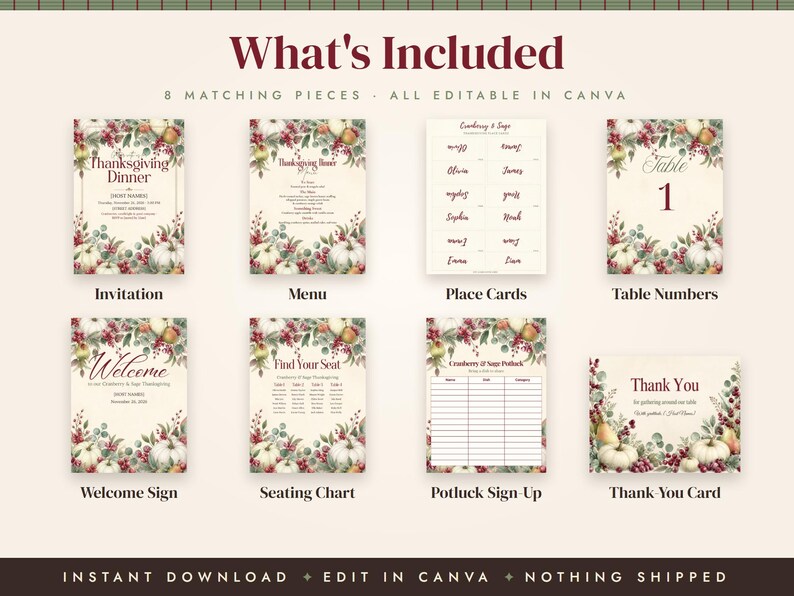 Thanksgiving Dinner Invitation Template, Thanksgiving Menu, Place Cards, Seating Chart, Welcome Sign, Cranberry Sage Editable Canva Kit image 3