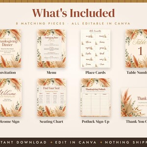 Boho Thanksgiving Invitation Template, Friendsgiving Menu, Place Cards, Seating Chart, Welcome Sign, Terracotta Editable Canva Printable image 3