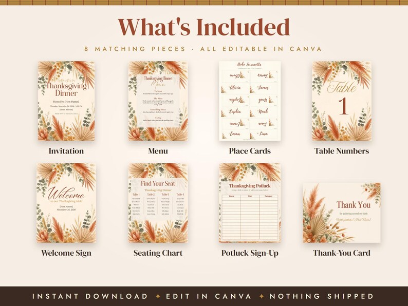 Boho Thanksgiving Invitation Template, Friendsgiving Menu, Place Cards, Seating Chart, Welcome Sign, Terracotta Editable Canva Printable image 3