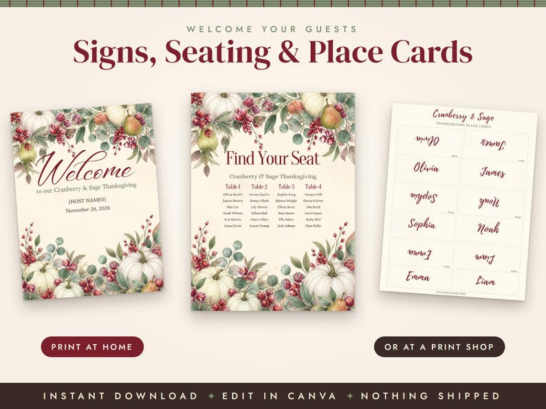 Thanksgiving Dinner Invitation Template, Thanksgiving Menu, Place Cards, Seating Chart, Welcome Sign, Cranberry Sage Editable Canva Kit image 4