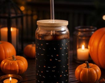 Midnight Halloween Iced Coffee Glass Cup with Bamboo Lid and Straw | Bats, Moons & Pumpkins 16oz Glass Can