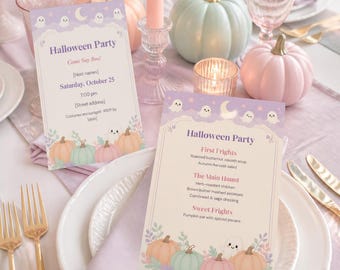 Pastel Halloween Party Invitation Kit, Editable Canva Template, Cute Ghost Menu, Place Cards, Printable