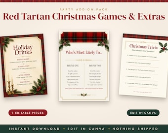 May include: A set of three printable Christmas game cards featuring a red tartan plaid border, holly accents, and cream-colored backgrounds. The cards include text for Holiday Drinks, Who's Most Likely To, and Christmas Trivia with numbered questions.