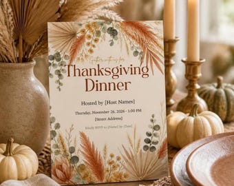 Boho Thanksgiving Invitation Template, Friendsgiving Menu, Place Cards, Seating Chart, Welcome Sign, Terracotta Editable Canva Printable