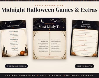 Halloween Party Games & Printables, Midnight, Editable Canva Template, Costume Contest Ballot, Most Likely To, Trivia, Photo Booth Sign