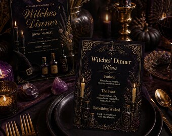 Witch Halloween Party Invitation Kit, Editable Canva Template, Witch Dinner Menu, Place Cards, Printable